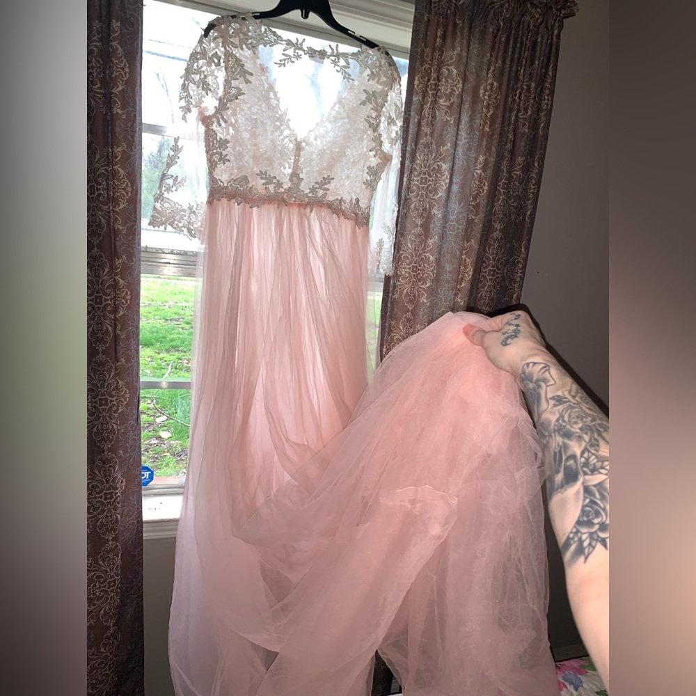 Blush pink front split tulle gown
